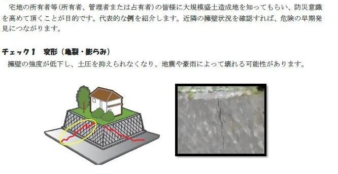 宅地の所有者、管理者または占有者の皆様に大規模もりど造成地を知ってもらい、防災意識を高めて頂くことが目的です。代表的な例を紹介します。近隣の擁へき状況を確認すれば、危険の早期発見につながります。チェック1、変形、亀裂、膨らみ。擁へきの強度が低下し、ど圧を抑えられなくなり、地震や豪雨によって壊れる可能性があります。イメージ図です。