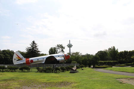 航空記念公園内の飛行機と芝生の写真